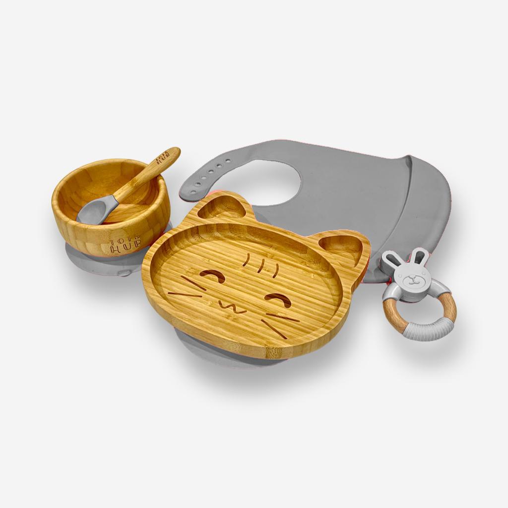 Cat Shaped Bamboo Suction Plate & Bamboo Suction Bowl Gift Set - Blue