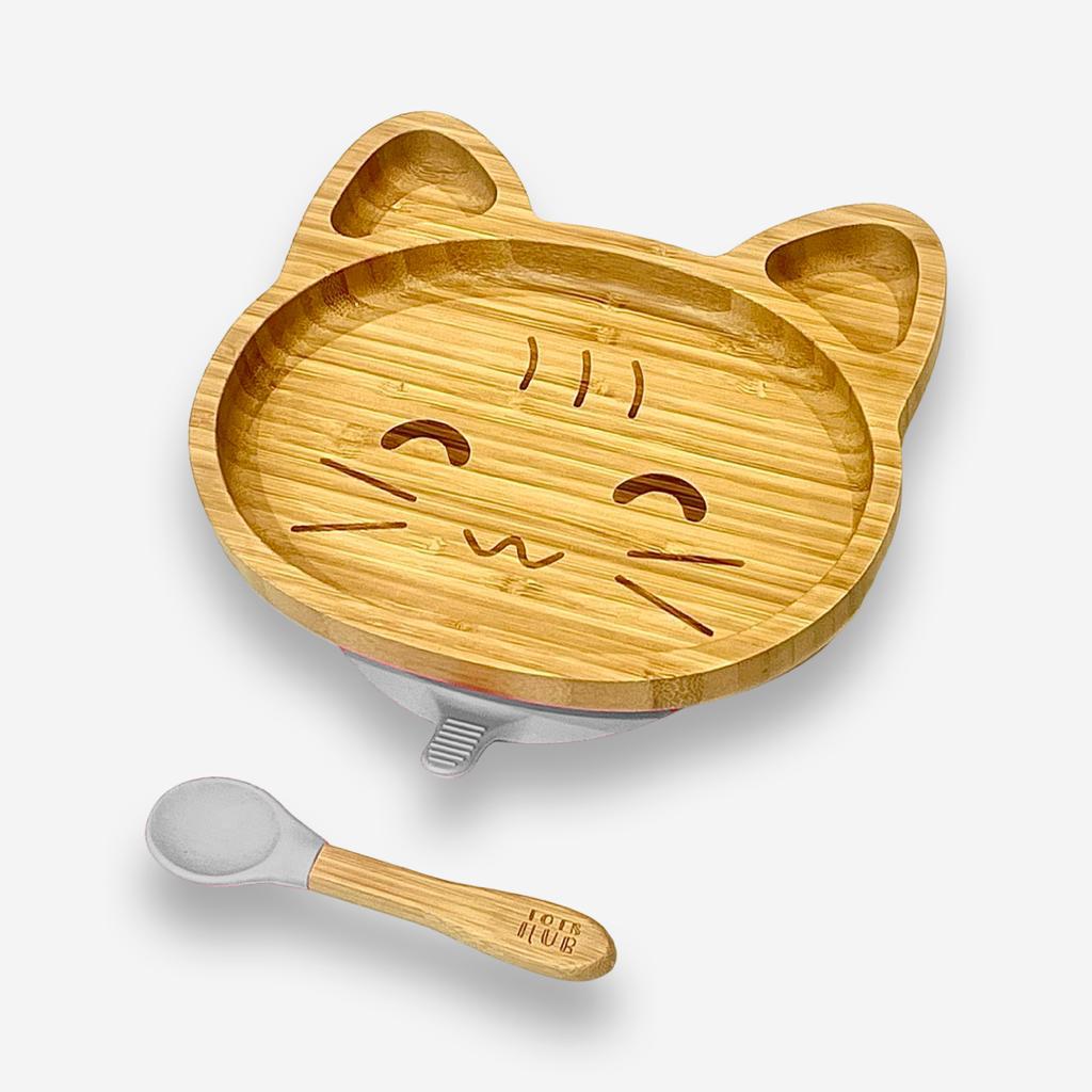 Cat Shaped Bamboo Suction Plate - Grey