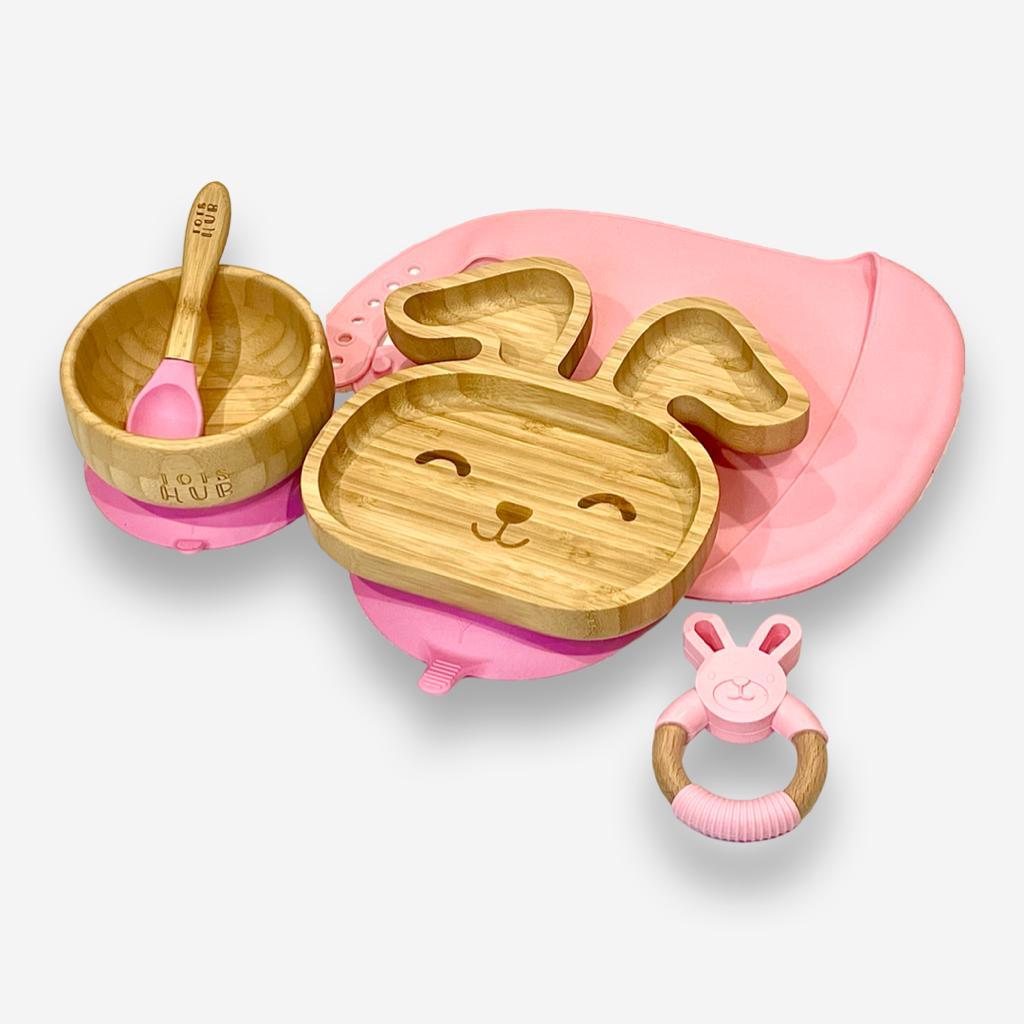 Bunny Shaped Bamboo Suction Plate & Suction Bowl Gift Set - Grey