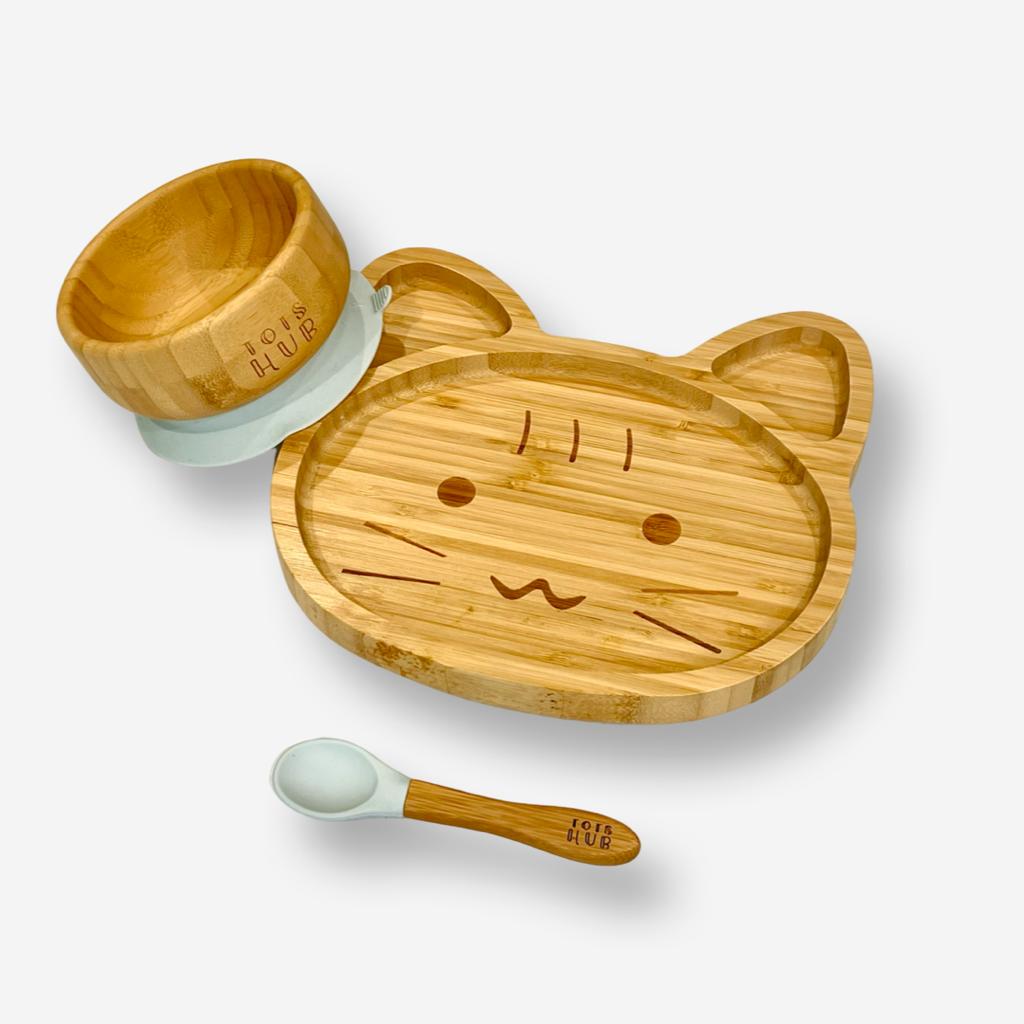 Cat Shaped Bamboo Suction Plate & Bowl Set - Blue